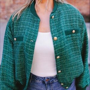 Metallic Green Tweed Bomber Jacket